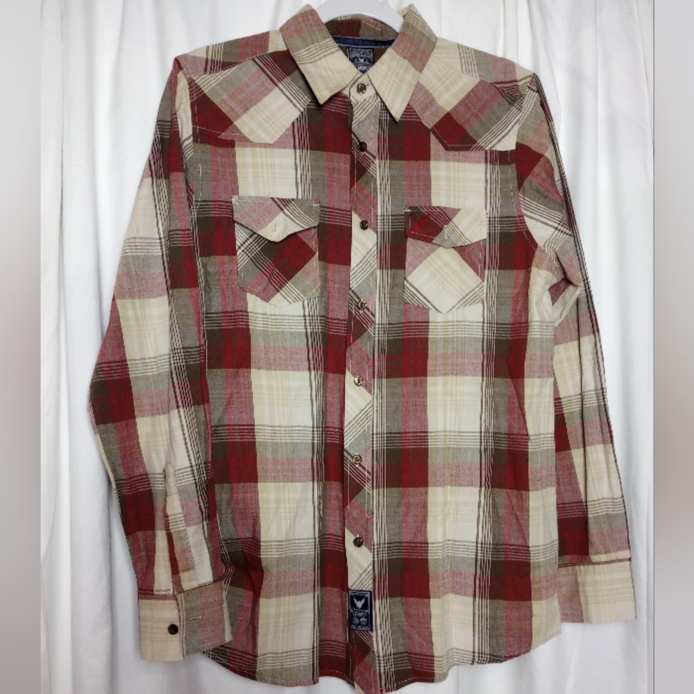 NWOT Company 81 Plaid Button-Down Shirt Red Tan Brown Rodeo Western Cowboy Med
